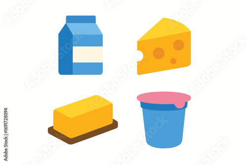 Dairy products assortment including milk cheese butter and yogurt in a set.