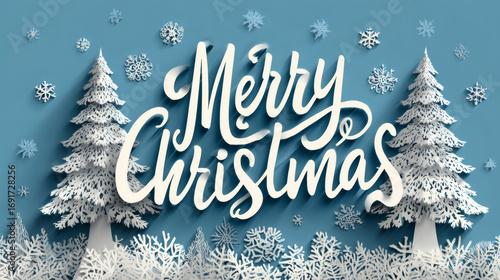 Paper cut style winter composition with fir trees snowflakes and Merry Christmas calligraphic lettering vector background