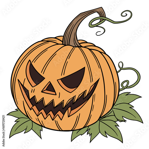 Carved Halloween pumpkin with scary face and leaves on white background jackolantern