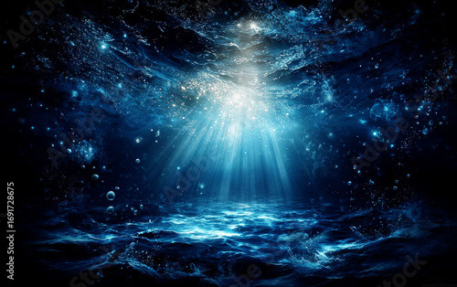 Mystical underwater scene with bright light beams shining through water