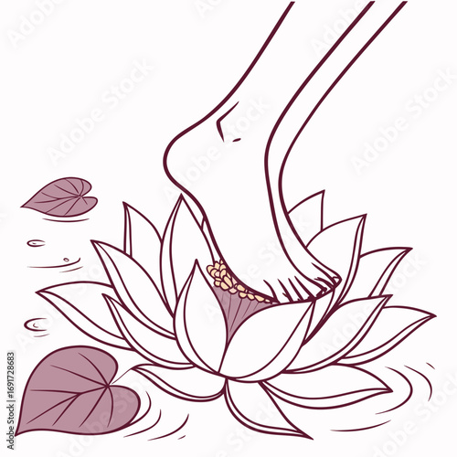 Foot stepping on a lotus flower with leaves in water lily