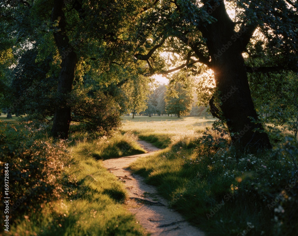 Naklejka premium Sunlight path through trees in park