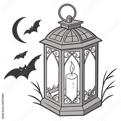 Gray lantern with a lit candle and bats flying near a crescent moon Keywords: lantern, candle, light