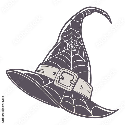 Halloween witch hat with spider web pattern and buckle on white background Keywords: witch hat
