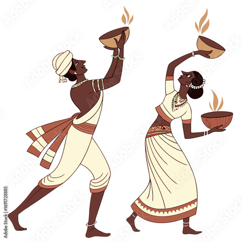 Indian Couple in Traditional Attire Holding Lit Diyas woman