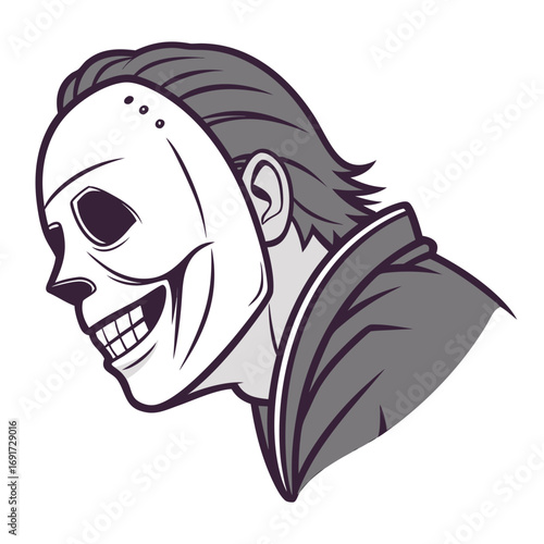 Man wearing a white mask with a sinister grin and dark hair face horror