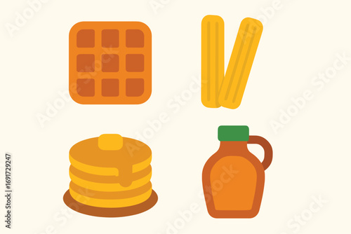Delicious Breakfast Food Icons Featuring Waffles Pancakes And Syrup.