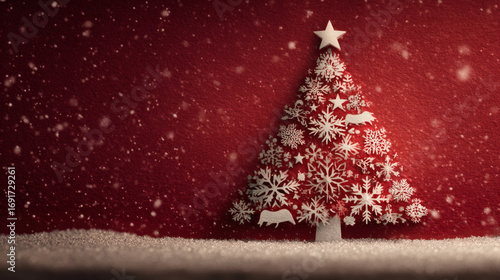 Paper style christmas tree made of layered snowflakes stars and ornaments on red background