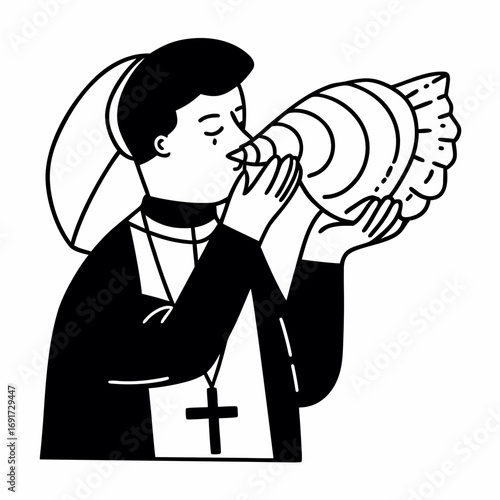 Priest blowing a conch shell with cross necklace on white background Keywords: priest, clergy