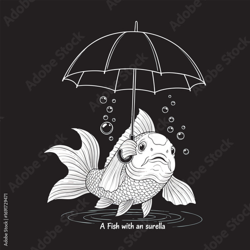Whimsical Fish with Umbrella - Black and White Illustration
