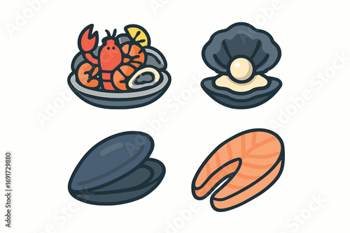 Assortment of Seafood Icons - Lobster, Oyster, Mussel, and Salmon.