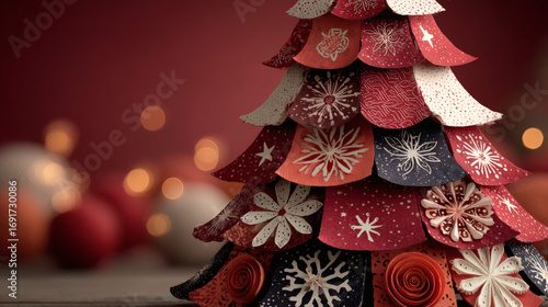 Paper style christmas tree made of layered snowflakes stars and ornaments on red background