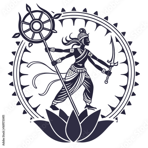 Silhouette of multi-armed Hindu goddess Durga with sword and trident on white Keywords: goddess