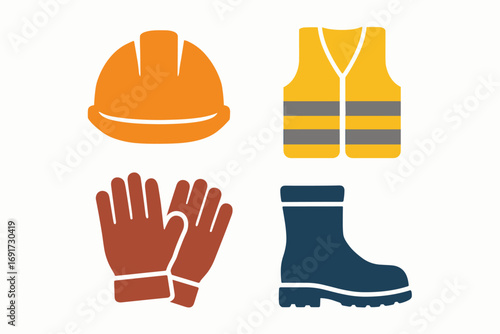 Construction worker safety gear set including hard hat gloves vest and boots.