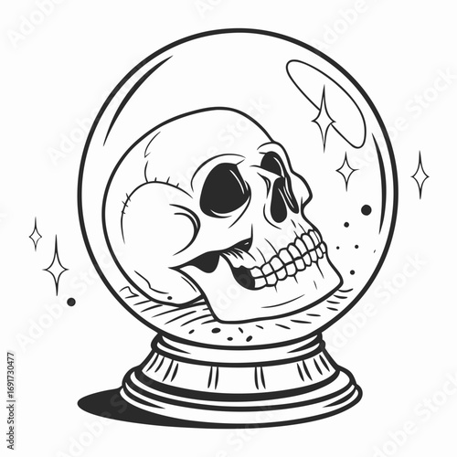 Skull inside a crystal ball with sparkling stars and dots human skull skeleton