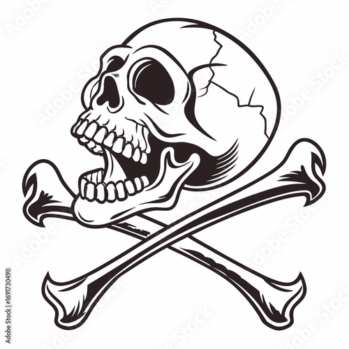 Skull with open mouth and crossed bones in black and white illustration human skull skeleton
