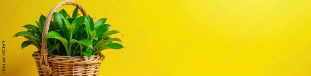 Obraz premium Lush green plant in wicker basket, sunny yellow backdrop , greenery, foliage