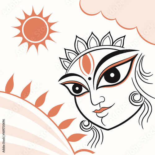 Stylized face of a goddess with sun and clouds eyes lips