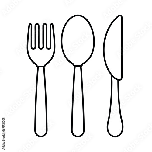 Outline of a fork spoon and knife on white Keywords: fork, spoon, knife, cutlery, utensil