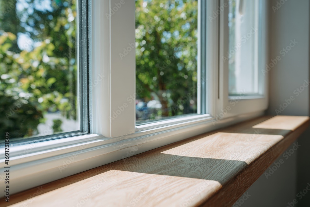 Fototapeta premium Sunny windowsill with wooden ledge