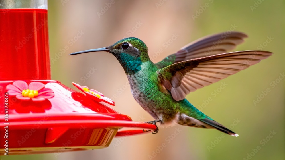 Fototapeta premium Colorful hummingbird feeding at nectar feeder in a lush garden during a sunny afternoon