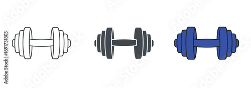 Vector art of collection of three dumbbells, one outlined, one gray, and one blue