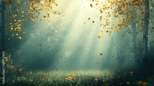 Autumn forest misty woods background