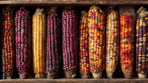 Jewel-Toned Harvest: A Vibrant Spectrum of Heirloom Indian Corn in a Rustic Wooden Box