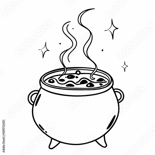 Witches cauldron with bubbling potion and sparkles on white background magic