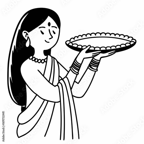 Woman in Traditional Indian Clothing Holding an Empty Decorative Tray sari