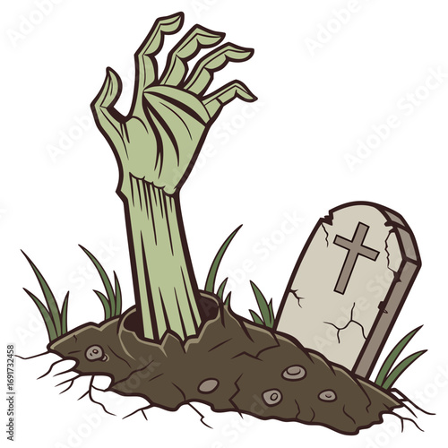 Zombie hand emerging from grave next to tombstone with grass and dirt Keywords: zombie, hand, grave