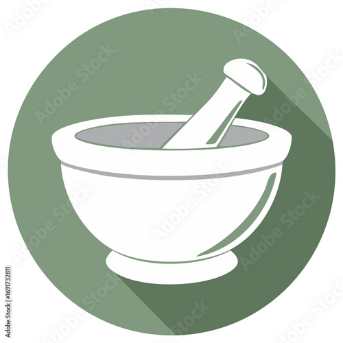 Iconic illustration of a mortar and pestle in a green circle with a long shadow.