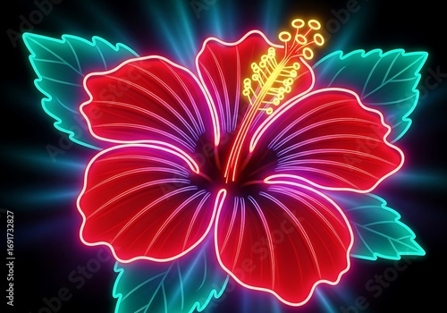 Vibrant hibiscus flower with luminous outlines, creating a captivating tropical glow against a dark background