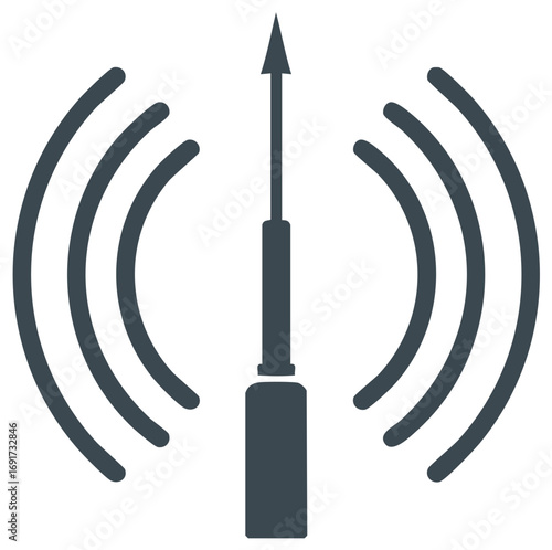 Iconic antenna broadcasting radio signals and wireless connectivity waves for communication technology
