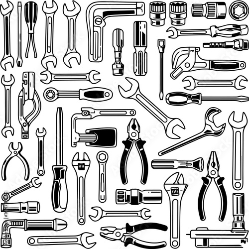 Detailed Black  White Vector Illustration of Assorted Hand Tools: Wrenches, Pliers, Screwdrivers, Sockets, Ratchets, and Utility Tools