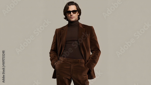 A man in a brown corduroy suit and sunglasses stands with hands in pockets against a neutral background.