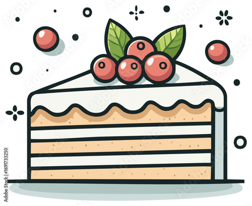 Layered Cake Slice with Berries and Leaves Decoration