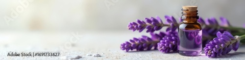 Lavender oil bottle, fresh blooms, light stone surface, relaxation, photography, vibrant
