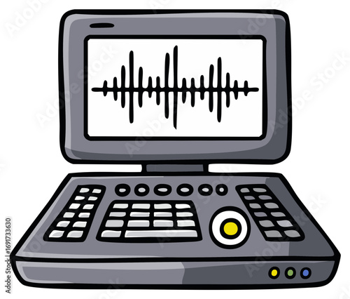 Digital audio workstation display with creative sound waves and music production controls