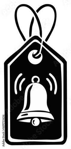Illustration of a stylized bell icon on a tag with a string. Black and white.