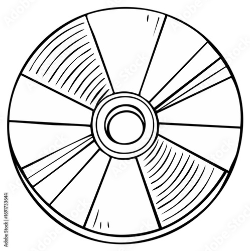 Stylized sketch of a compact disc with radiating lines and hatching detail.