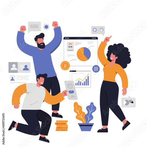 Dynamic team celebrating a major business success with charts, graphs, and a sense of vibrant accomplishment and achievement. Flat style illustration