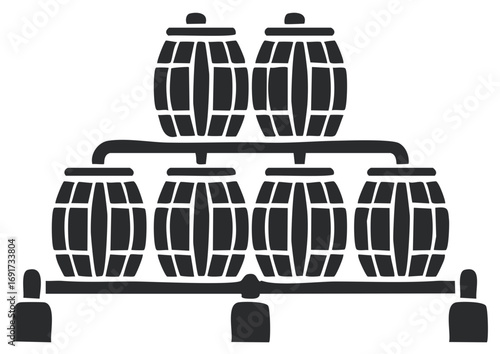 Graphic illustration of stacked wooden barrels on a rack system for aging alcohol like wine or whiskey