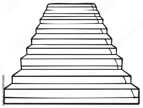 Simple black and white illustration of a wide staircase with many steps, viewed from the front.