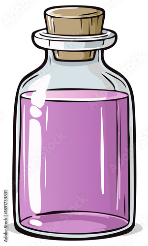 Glass potion bottle filled with purple liquid and cork stopper illustration