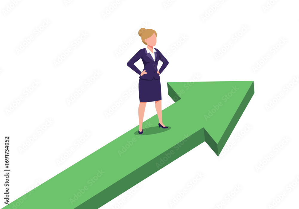 Fototapeta premium Confident businesswoman stands proudly on a rising green arrow symbolizing growth and success in her career journey. Flat style illustration