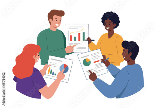 Diverse team collaborating enthusiastically on financial reports and data analysis, celebrating project success together. Flat style illustration