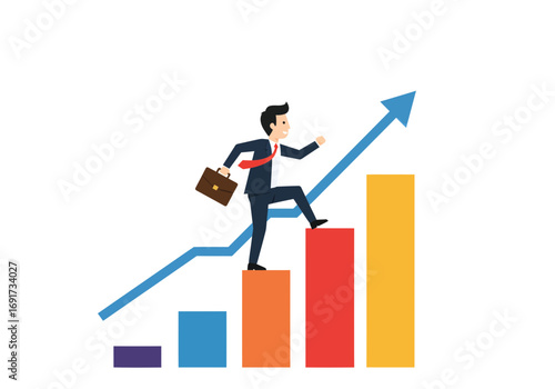Confident businessman climbing rising bar graph towards success, carrying briefcase and moving upward with determined stride. Flat style illustration