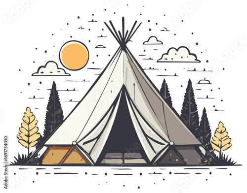 Hand-drawn illustration of a teepee tent set in a forest with a sun and clouds