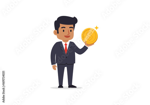 Confident businessman proudly displays a sparkling gold dollar coin symbolizing financial success and prosperity in a modern business context. Flat style illustration